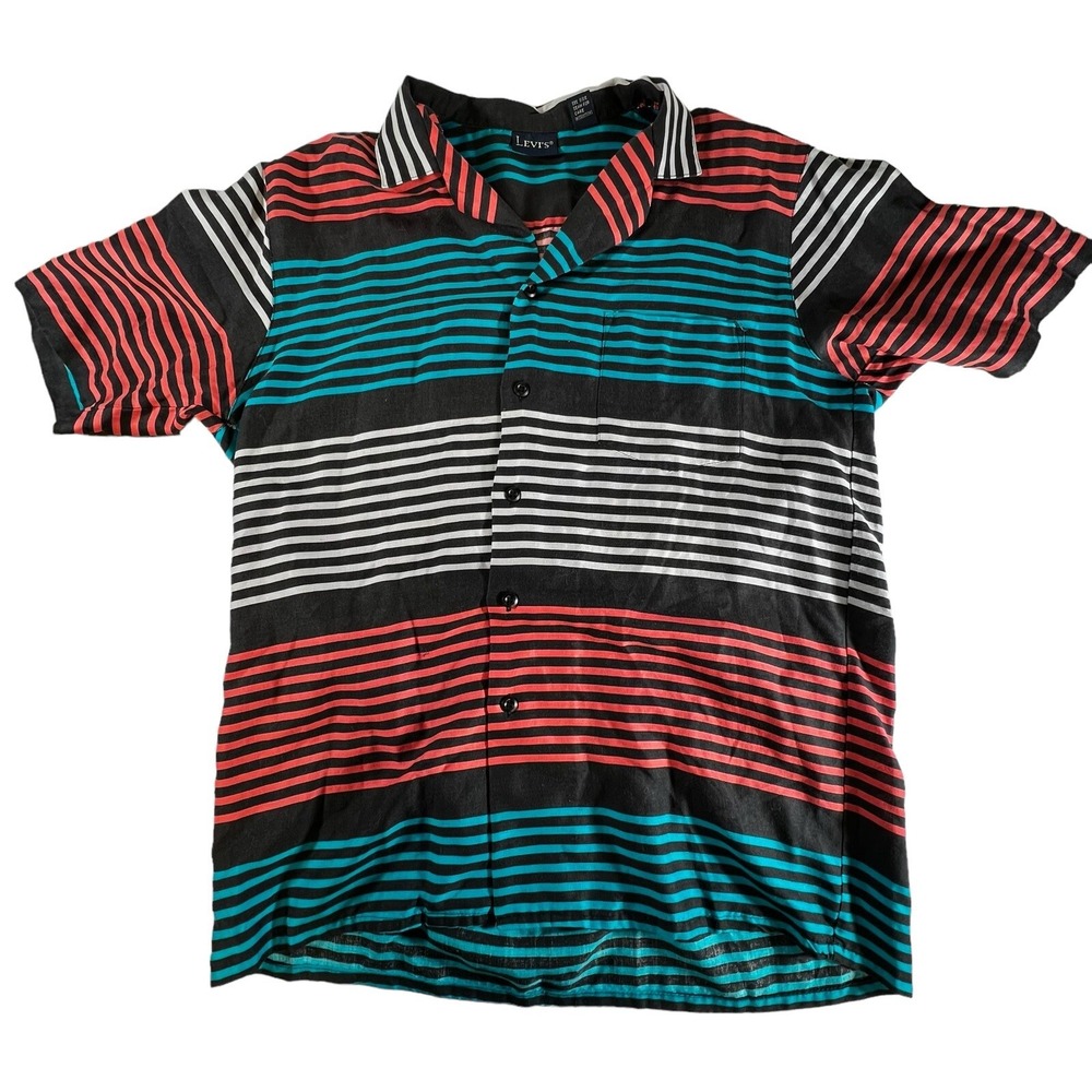 Vtg 80s Levis Striped Neon Beach Button Shirt Short Sleeve Pink Blue Mens M